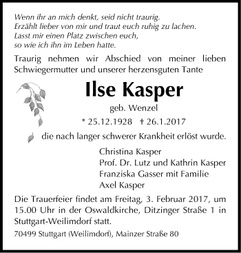 Traueranzeige von Ilse Kasper von Stuttgarter Zeitung / Stuttgarter Nachrichten
