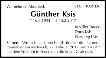 Traueranzeige von Günther Ksis von Stuttgarter Zeitung / Stuttgarter Nachrichten