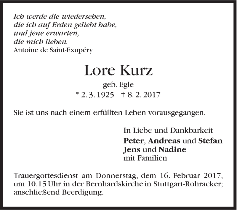  Traueranzeige für Lore Kurz vom 11.02.2017 aus Stuttgarter Zeitung / Stuttgarter Nachrichten