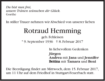 Traueranzeige von Rotraud Hemming von Stuttgarter Zeitung / Stuttgarter Nachrichten