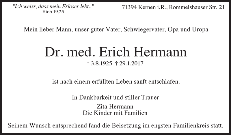  Traueranzeige für Erich Hermann vom 09.02.2017 aus Stuttgarter Zeitung / Stuttgarter Nachrichten