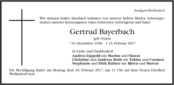 Traueranzeige von Gertrud Bayerbach von Stuttgarter Zeitung / Stuttgarter Nachrichten