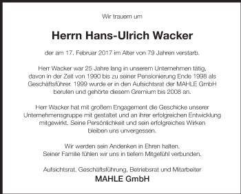 Traueranzeige von Hans-Ulrich Wacker von Stuttgarter Zeitung / Stuttgarter Nachrichten