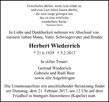 Traueranzeige von Herbert Wiederrich von Stuttgarter Zeitung / Stuttgarter Nachrichten