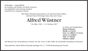 Traueranzeige von Alfred Wüstner von Stuttgarter Zeitung / Stuttgarter Nachrichten
