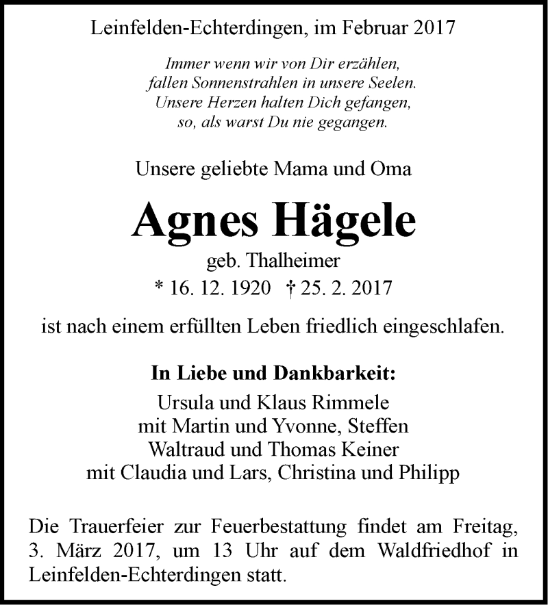  Traueranzeige für Agnes Hägele vom 01.03.2017 aus Stuttgarter Zeitung / Stuttgarter Nachrichten