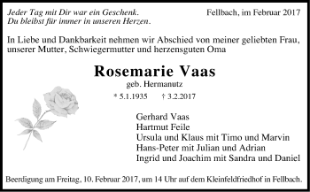 Traueranzeige von Rosemarie Vaas von Stuttgarter Zeitung / Stuttgarter Nachrichten