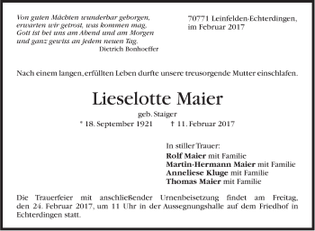 Traueranzeige von Lieselotte Maier von Stuttgarter Zeitung / Stuttgarter Nachrichten