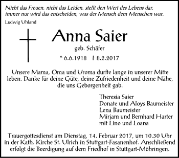 Traueranzeige von Anna Saier von Stuttgarter Zeitung / Stuttgarter Nachrichten