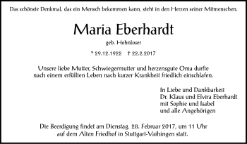 Traueranzeige von Maria Eberhardt von Stuttgarter Zeitung / Stuttgarter Nachrichten