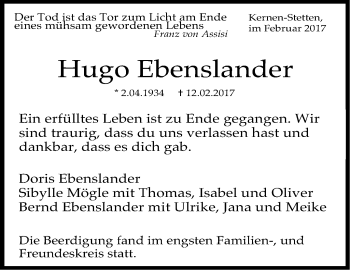 Traueranzeige von Hugo Ebenslander von Stuttgarter Zeitung / Stuttgarter Nachrichten