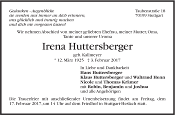 Traueranzeige von Irena Huttersberger von Stuttgarter Zeitung / Stuttgarter Nachrichten