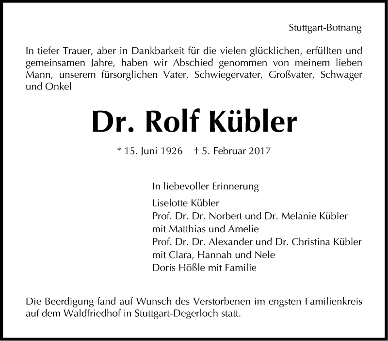  Traueranzeige für Rolf Kübler vom 11.02.2017 aus Stuttgarter Zeitung / Stuttgarter Nachrichten