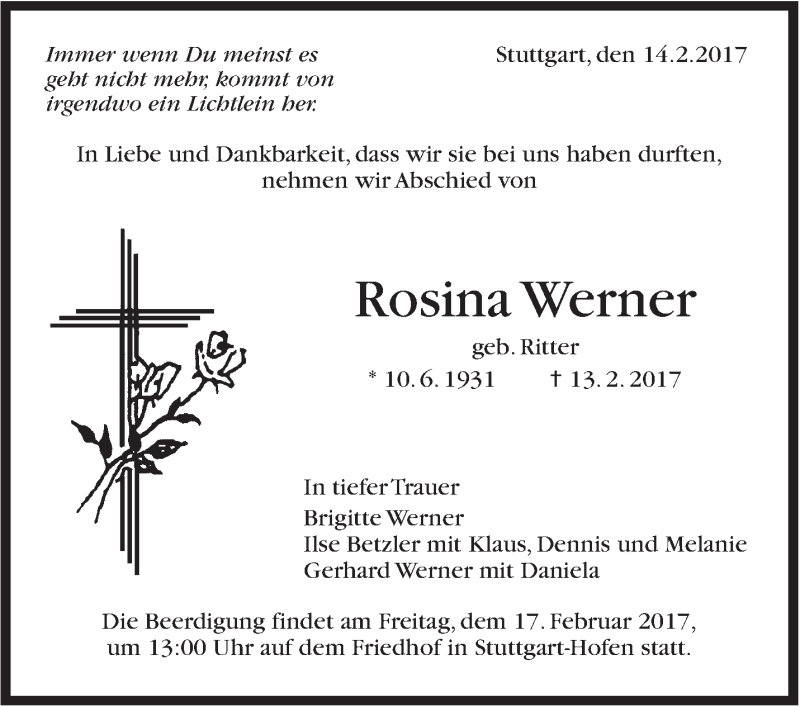  Traueranzeige für Rosina Werner vom 15.02.2017 aus Stuttgarter Zeitung / Stuttgarter Nachrichten