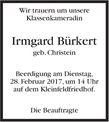 Traueranzeige von Irmgard Bürkert von Stuttgarter Zeitung / Stuttgarter Nachrichten