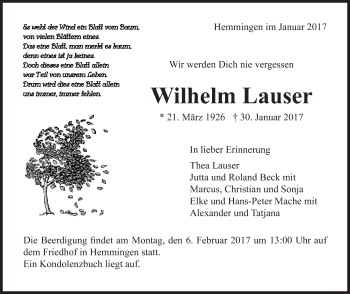 Traueranzeige von Wilhelm Lauser von Stuttgarter Zeitung / Stuttgarter Nachrichten
