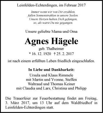 Traueranzeige von Agnes Hägele von Stuttgarter Zeitung / Stuttgarter Nachrichten