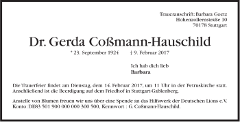 Traueranzeige von Gerda Coßmann-Hauschild von Stuttgarter Zeitung / Stuttgarter Nachrichten