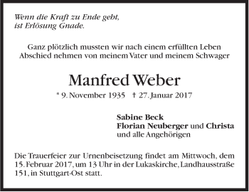 Traueranzeige von Manfred Weber von Stuttgarter Zeitung / Stuttgarter Nachrichten