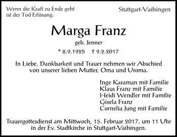 Traueranzeige von Marga Franz von Stuttgarter Zeitung / Stuttgarter Nachrichten