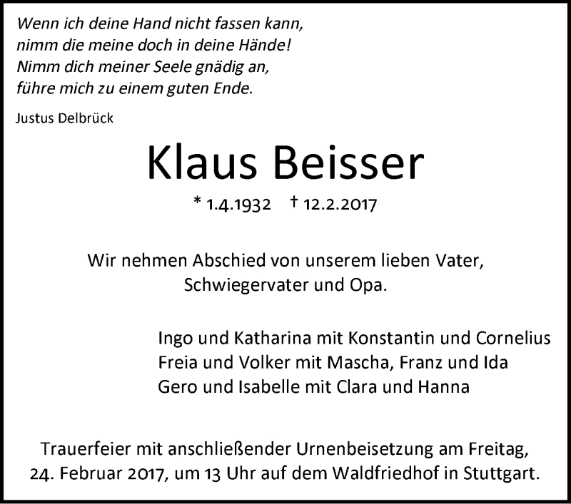 Traueranzeige für Klaus Beisser vom 18.02.2017 aus Stuttgarter Zeitung / Stuttgarter Nachrichten