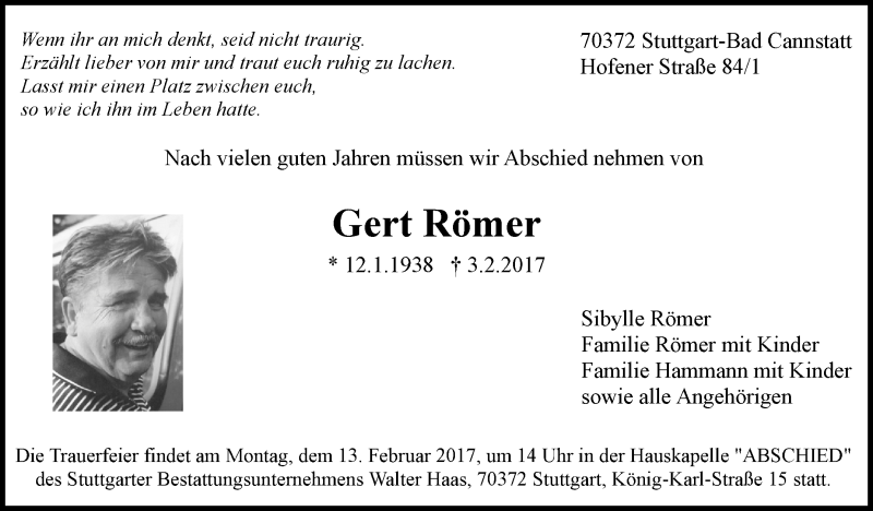  Traueranzeige für Gert Römer vom 07.02.2017 aus Stuttgarter Zeitung / Stuttgarter Nachrichten