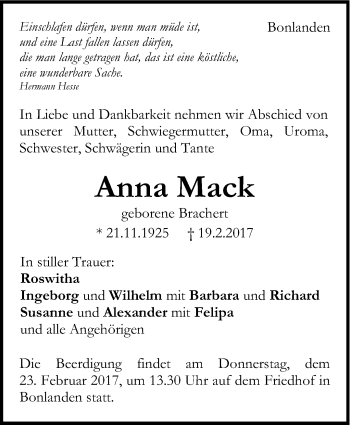 Traueranzeige von Anna Mack von Stuttgarter Zeitung / Stuttgarter Nachrichten