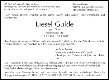 Traueranzeige von Liesel Gulde von Stuttgarter Zeitung / Stuttgarter Nachrichten