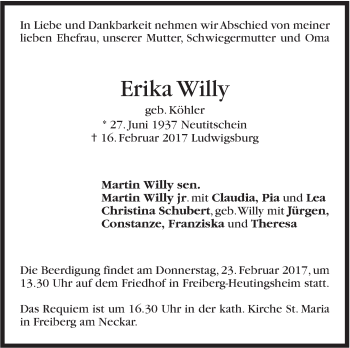 Traueranzeige von Erika Willy von Stuttgarter Zeitung / Stuttgarter Nachrichten