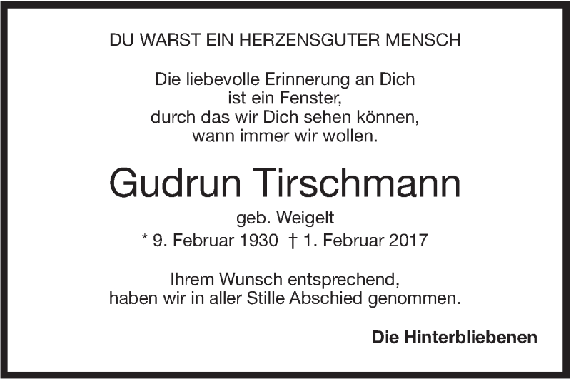  Traueranzeige für Gudrun Tirschmann vom 08.02.2017 aus Stuttgarter Zeitung / Stuttgarter Nachrichten
