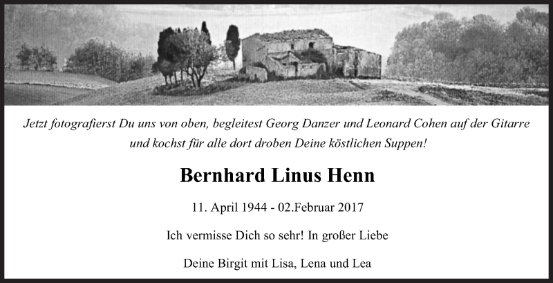  Traueranzeige für Bernhard Linus Henn vom 11.02.2017 aus Stuttgarter Zeitung / Stuttgarter Nachrichten