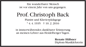 Traueranzeige von Christoph Back von Stuttgarter Zeitung / Stuttgarter Nachrichten