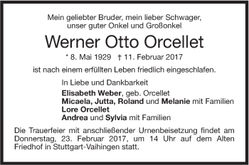 Traueranzeige von Werner Otto Orcellet von Stuttgarter Zeitung / Stuttgarter Nachrichten