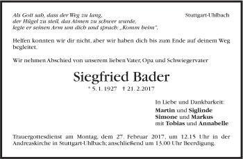 Traueranzeige von Siegfried Bader von Stuttgarter Zeitung / Stuttgarter Nachrichten