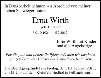 Traueranzeige von Erna Wirth von Stuttgarter Zeitung / Stuttgarter Nachrichten