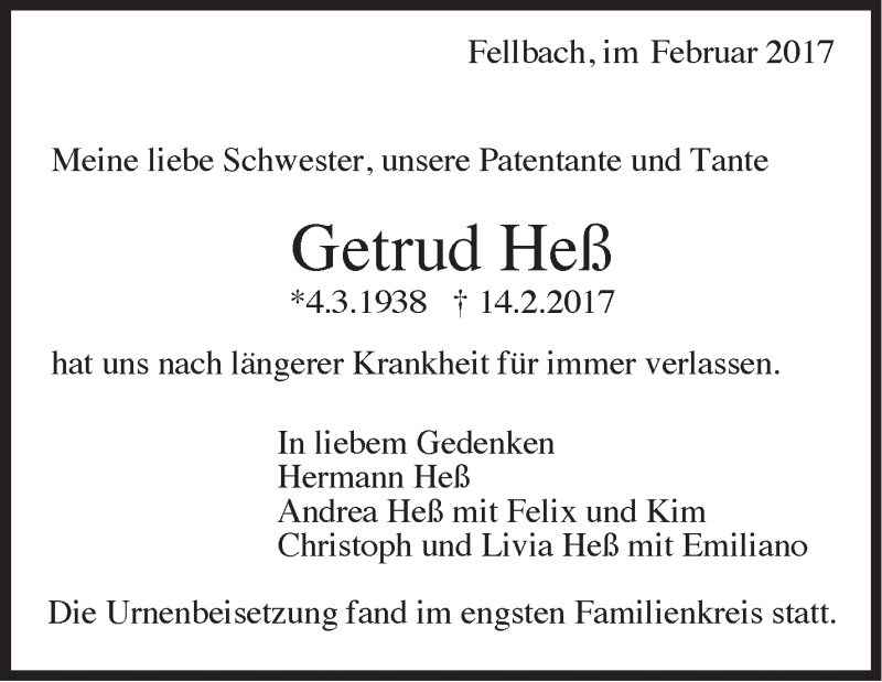  Traueranzeige für Getrud Heß vom 28.02.2017 aus Stuttgarter Zeitung / Stuttgarter Nachrichten