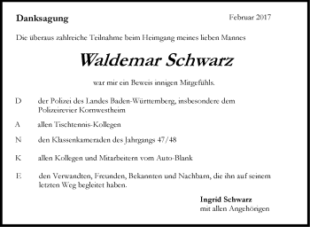 Traueranzeige von Waldemar Schwarz von Stuttgarter Zeitung / Stuttgarter Nachrichten