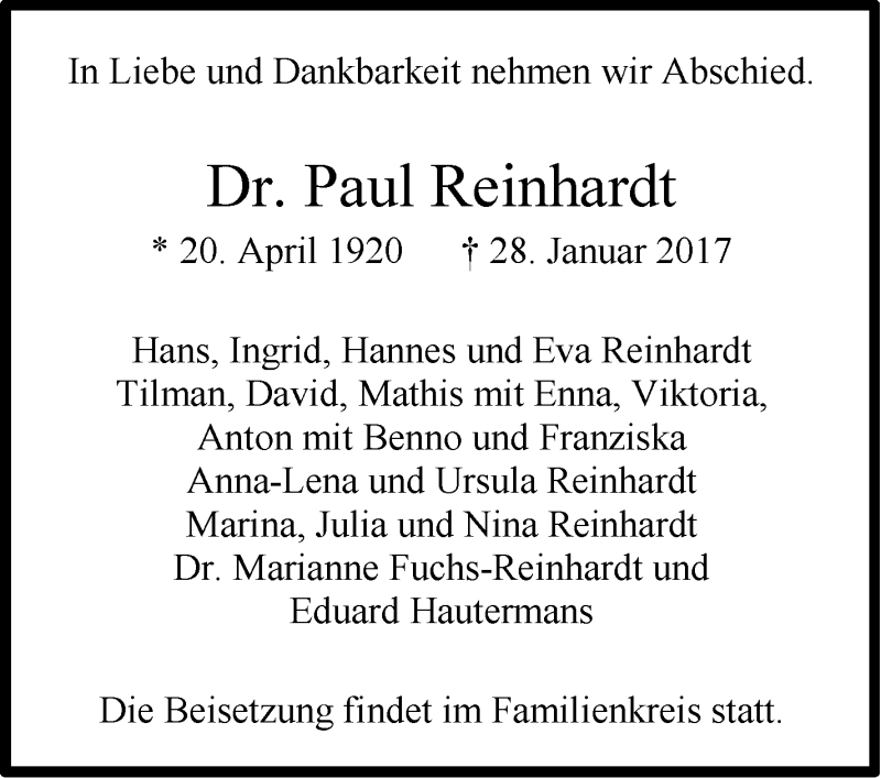  Traueranzeige für Paul Reinhardt vom 03.02.2017 aus Stuttgarter Zeitung / Stuttgarter Nachrichten