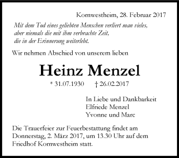 Traueranzeige von Heinz Menzel von Stuttgarter Zeitung / Stuttgarter Nachrichten
