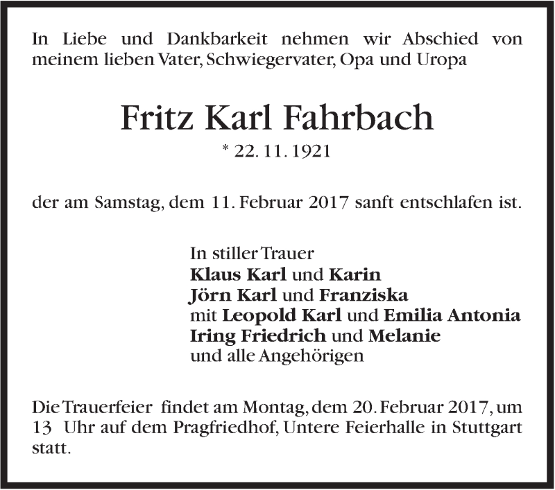  Traueranzeige für Fritz Karl Fahrbach vom 15.02.2017 aus Stuttgarter Zeitung / Stuttgarter Nachrichten