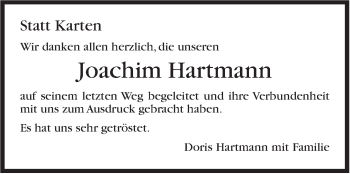 Traueranzeige von Joachim Hartmann von Stuttgarter Zeitung / Stuttgarter Nachrichten