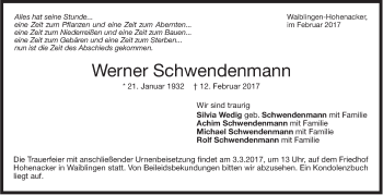 Traueranzeige von Werner Schwendenmann von Stuttgarter Zeitung / Stuttgarter Nachrichten