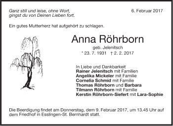 Traueranzeige von Anna Röhrborn von Stuttgarter Zeitung / Stuttgarter Nachrichten