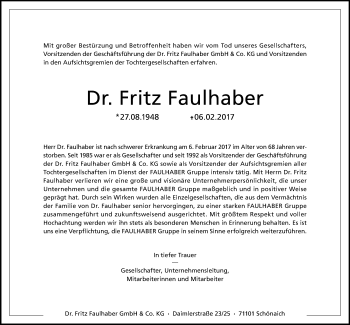 Traueranzeige von Fritz Faulhaber von Stuttgarter Zeitung / Stuttgarter Nachrichten
