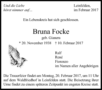 Traueranzeige von Bruna Focke von Stuttgarter Zeitung / Stuttgarter Nachrichten