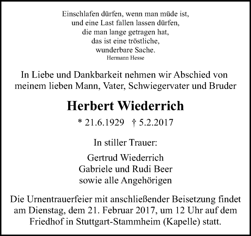  Traueranzeige für Herbert Wiederrich vom 15.02.2017 aus Stuttgarter Zeitung / Stuttgarter Nachrichten