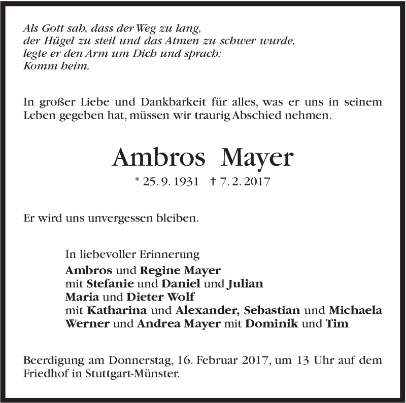  Traueranzeige für Ambros Mayer vom 11.02.2017 aus Stuttgarter Zeitung / Stuttgarter Nachrichten