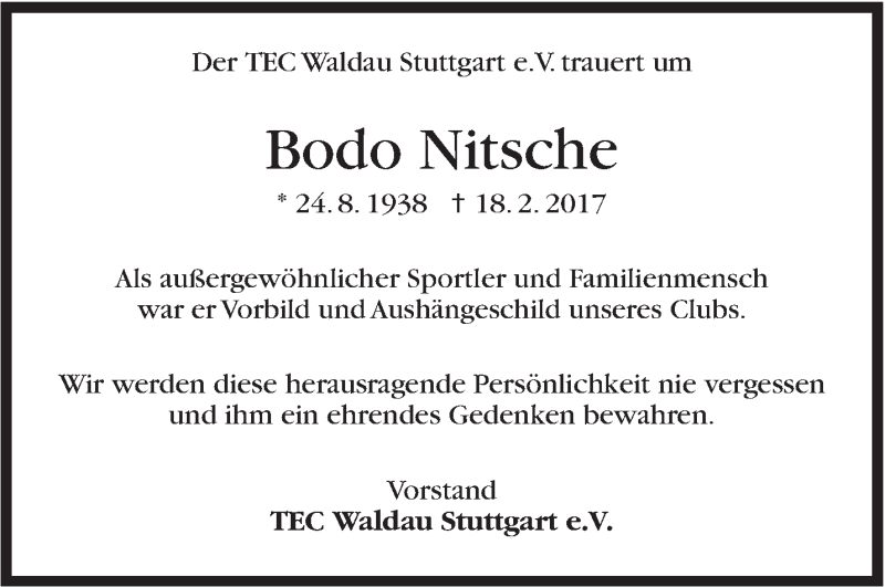  Traueranzeige für Bodo Nitsche vom 25.02.2017 aus Stuttgarter Zeitung / Stuttgarter Nachrichten