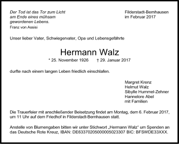 Traueranzeige von Hermann Walz von Stuttgarter Zeitung / Stuttgarter Nachrichten