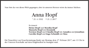 Traueranzeige von Anna Hopf von Stuttgarter Zeitung / Stuttgarter Nachrichten